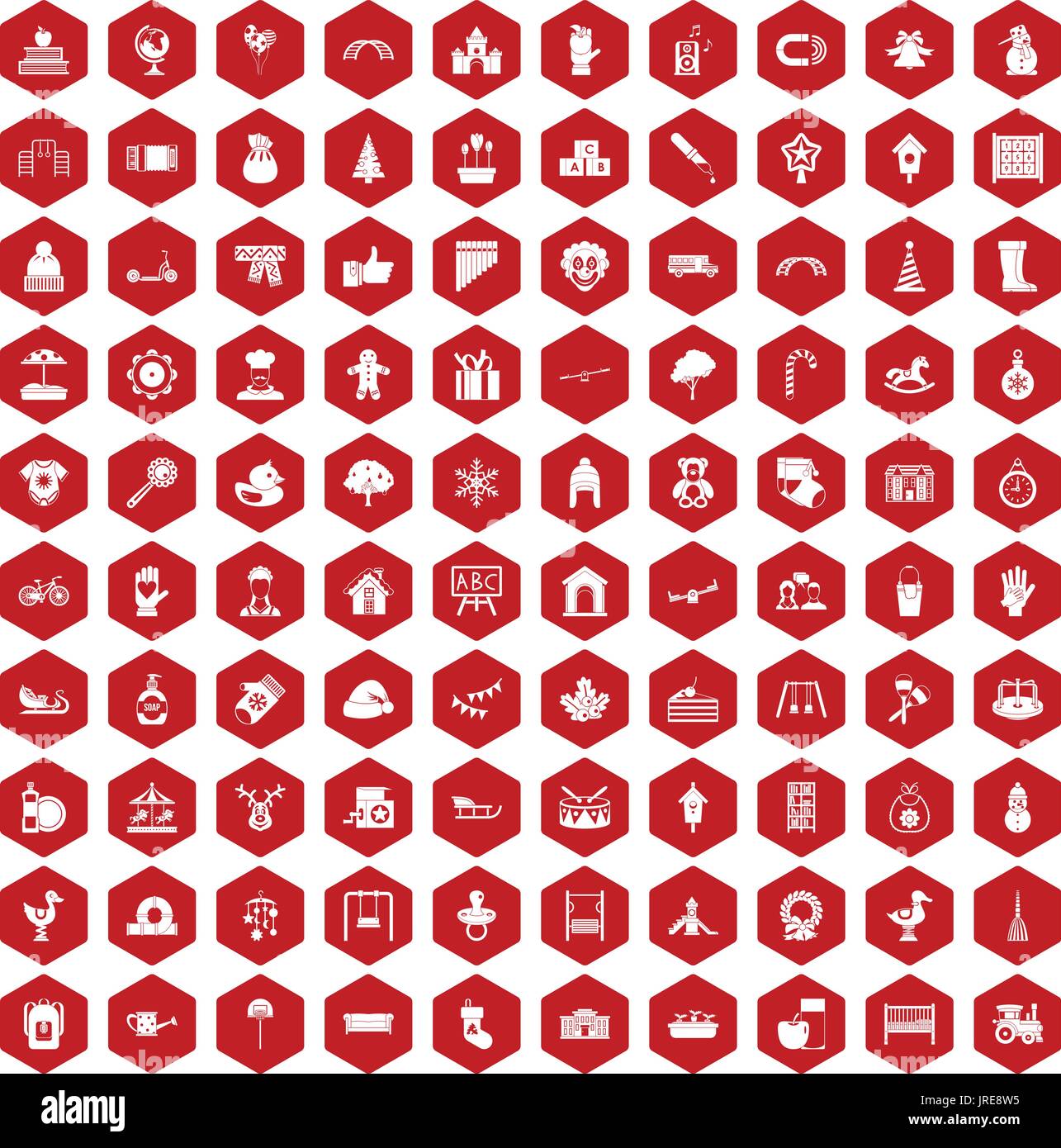 100 kindergarten icons hexagon red Stock Vector