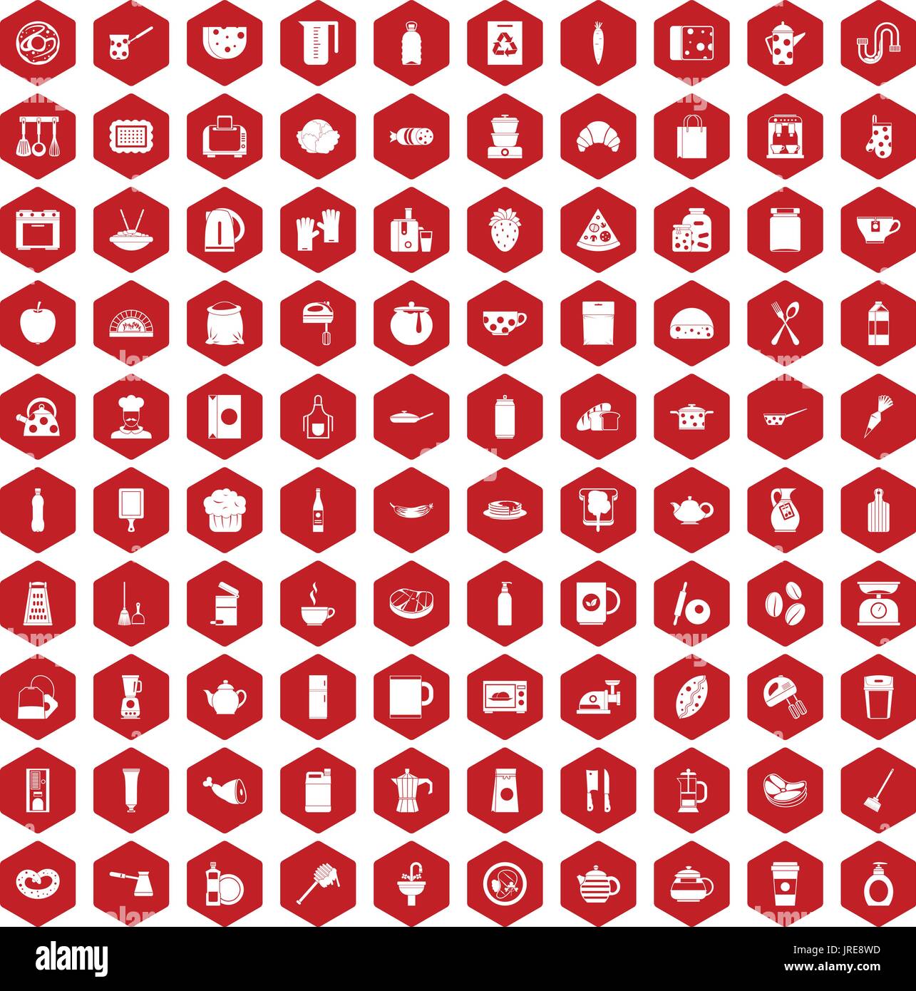 100 kitchen icons hexagon red Stock Vector