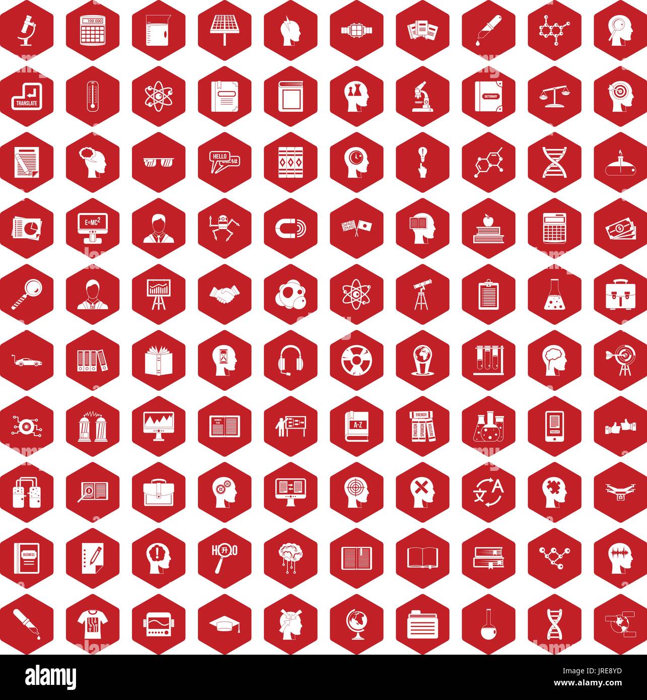 100 knowledge icons hexagon red Stock Vector