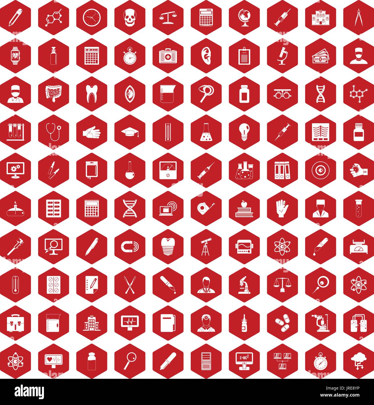 100 lab icons hexagon red Stock Vector
