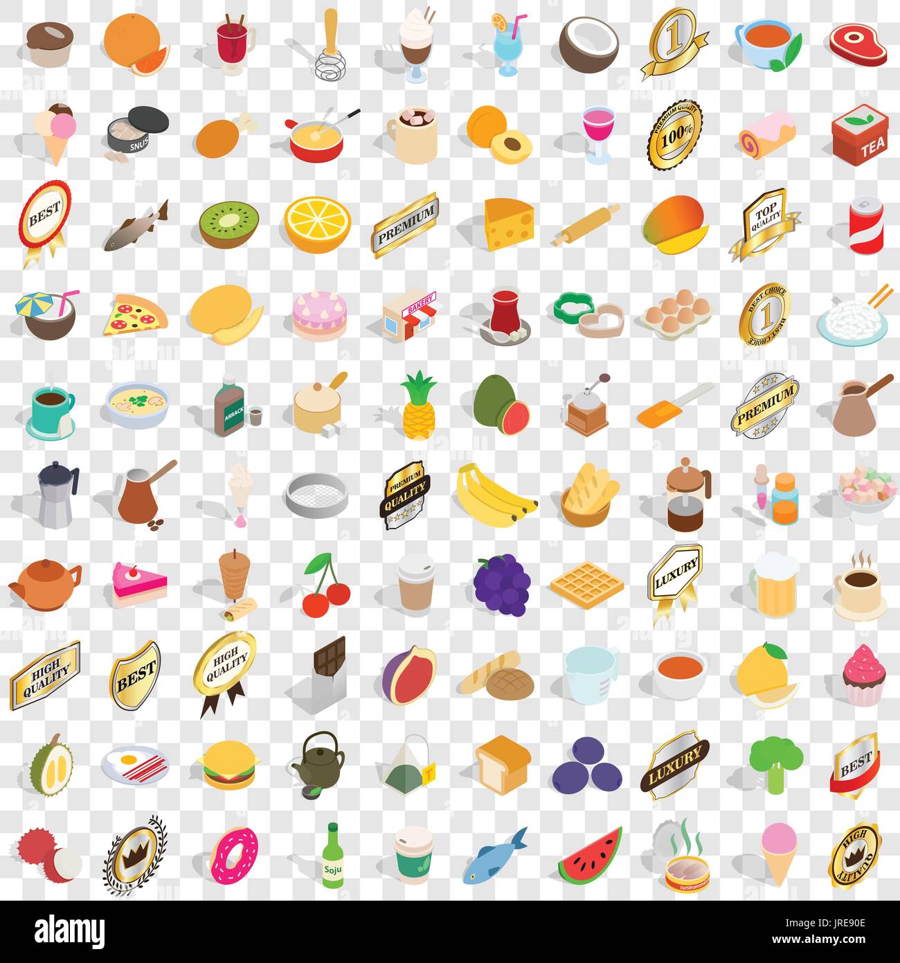 100 beverage icons set, isometric 3d style Stock Vector