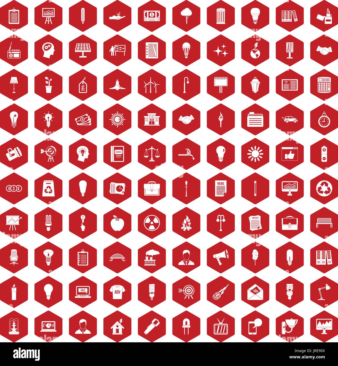 100 lamp icons hexagon red Stock Vector