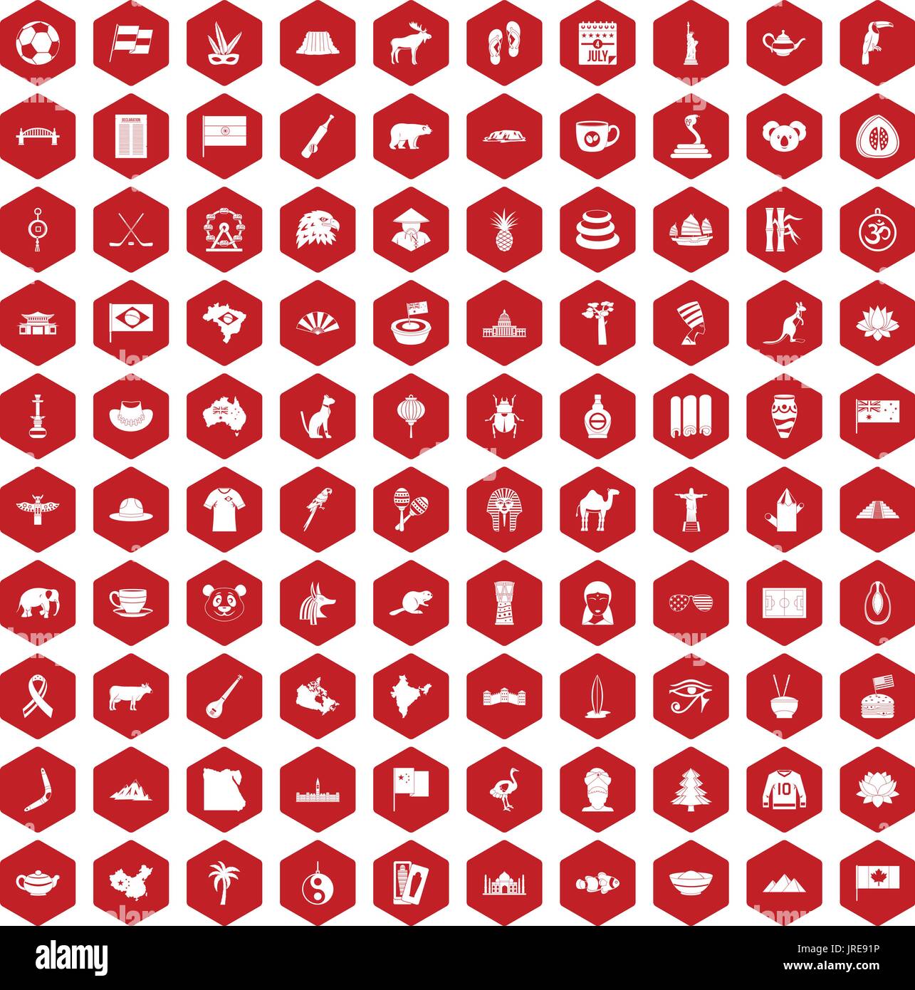 100 landmarks icons hexagon red Stock Vector