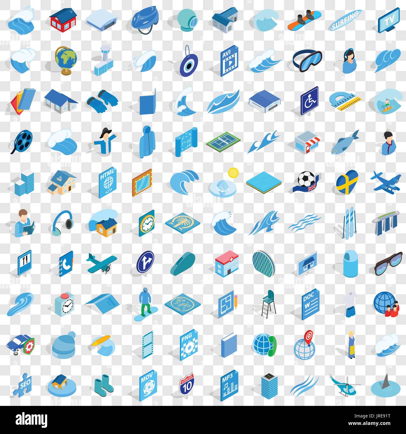 100 blue icons set, isometric 3d style Stock Vector