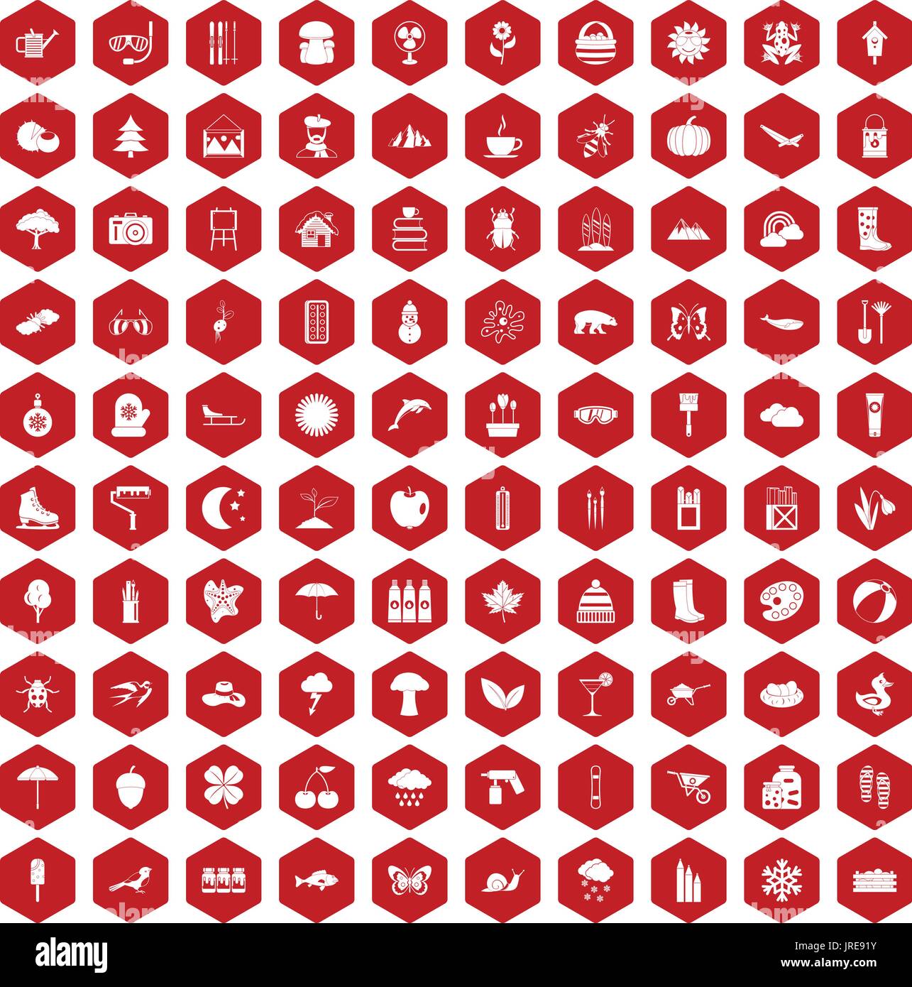 100 landscape icons hexagon red Stock Vector