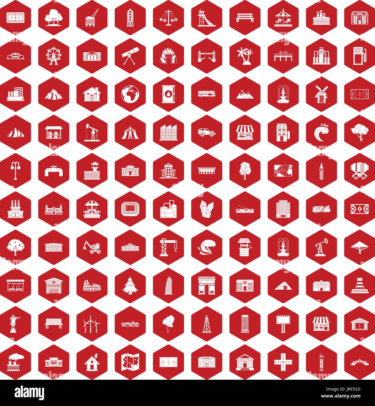100 landscape element icons hexagon red Stock Vector