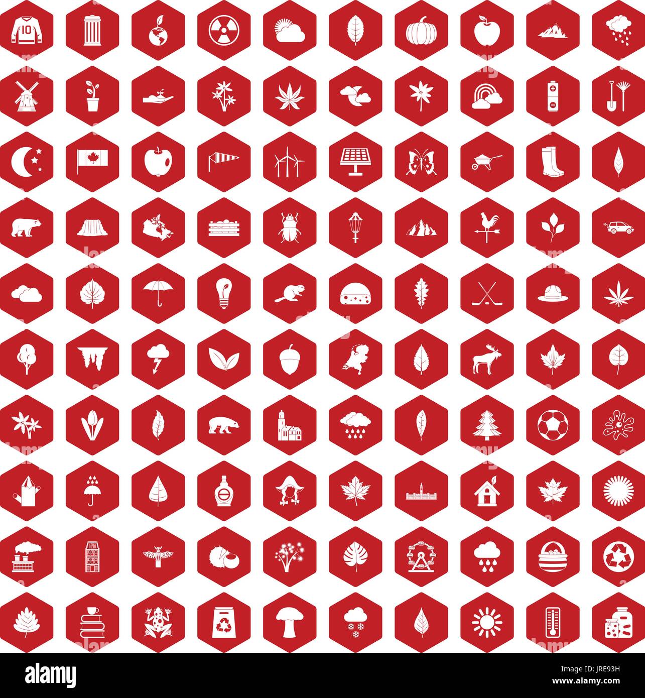 100 leaf icons hexagon red Stock Vector