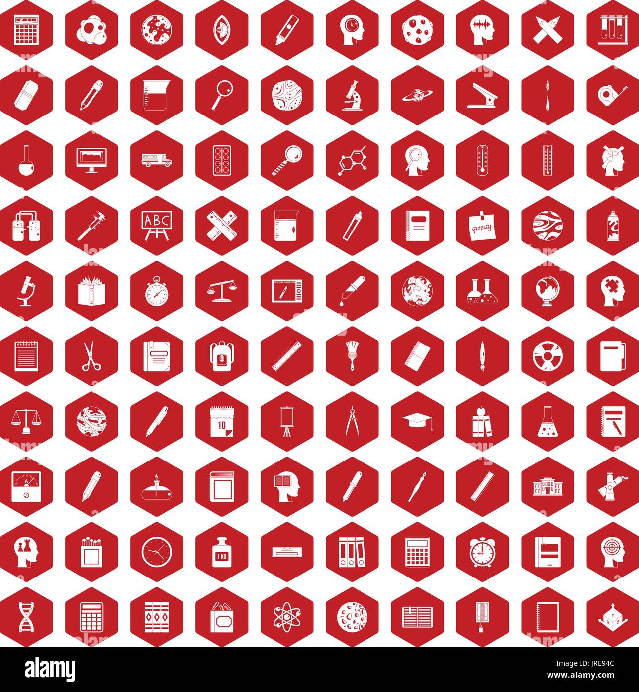 100 learning icons hexagon red Stock Vector