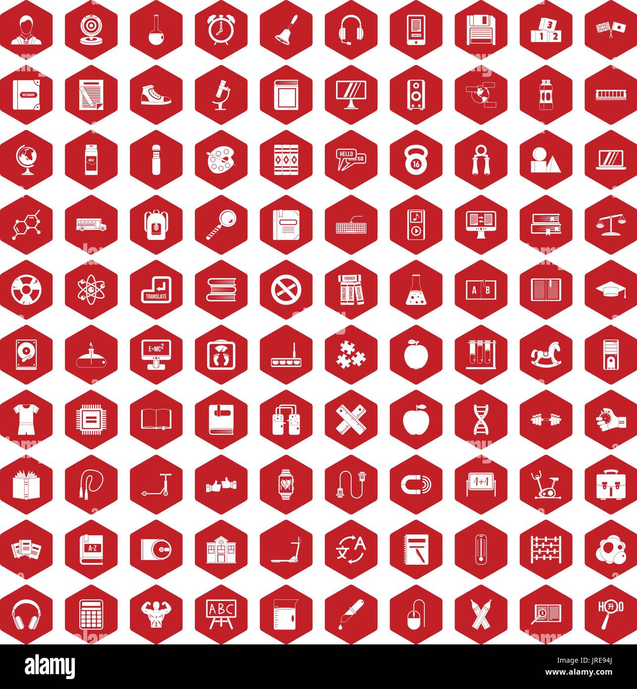 100 learning kids icons hexagon red Stock Vector