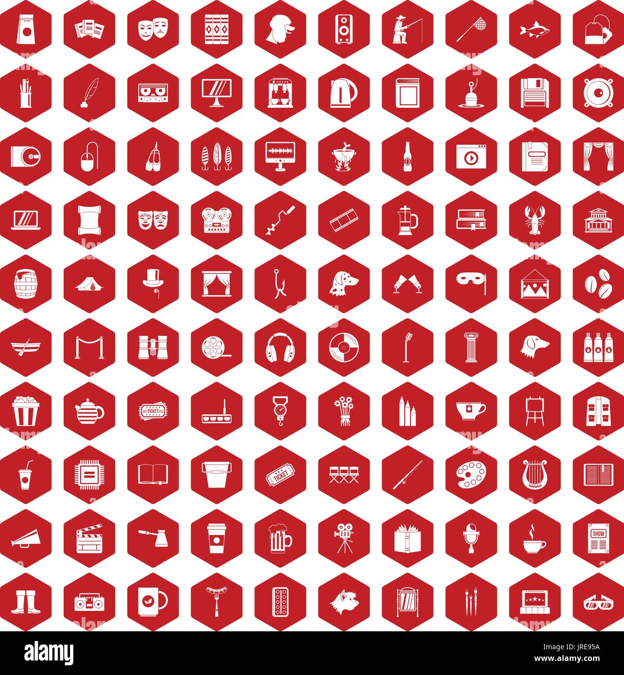 100 leisure icons hexagon red Stock Vector