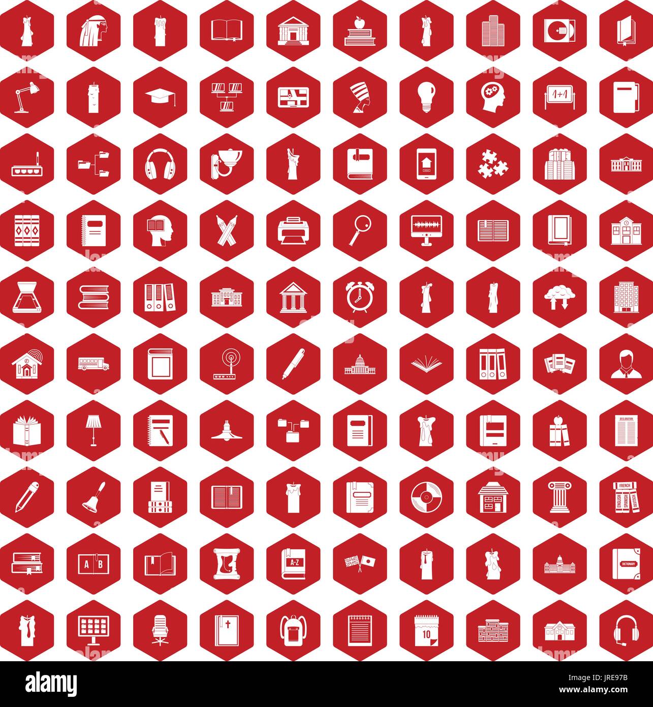 100 library icons hexagon red Stock Vector
