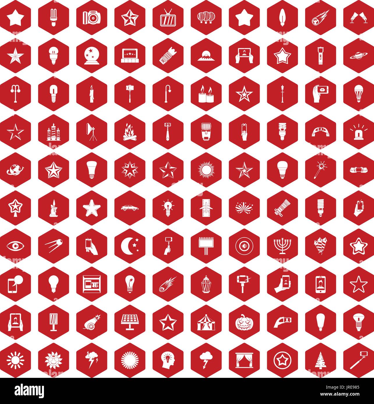 100 light icons hexagon red Stock Vector