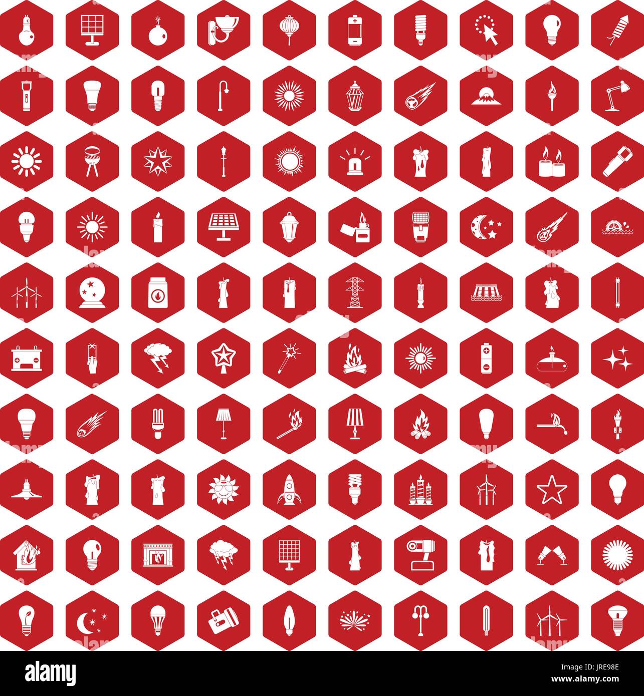 100 light source icons hexagon red Stock Vector
