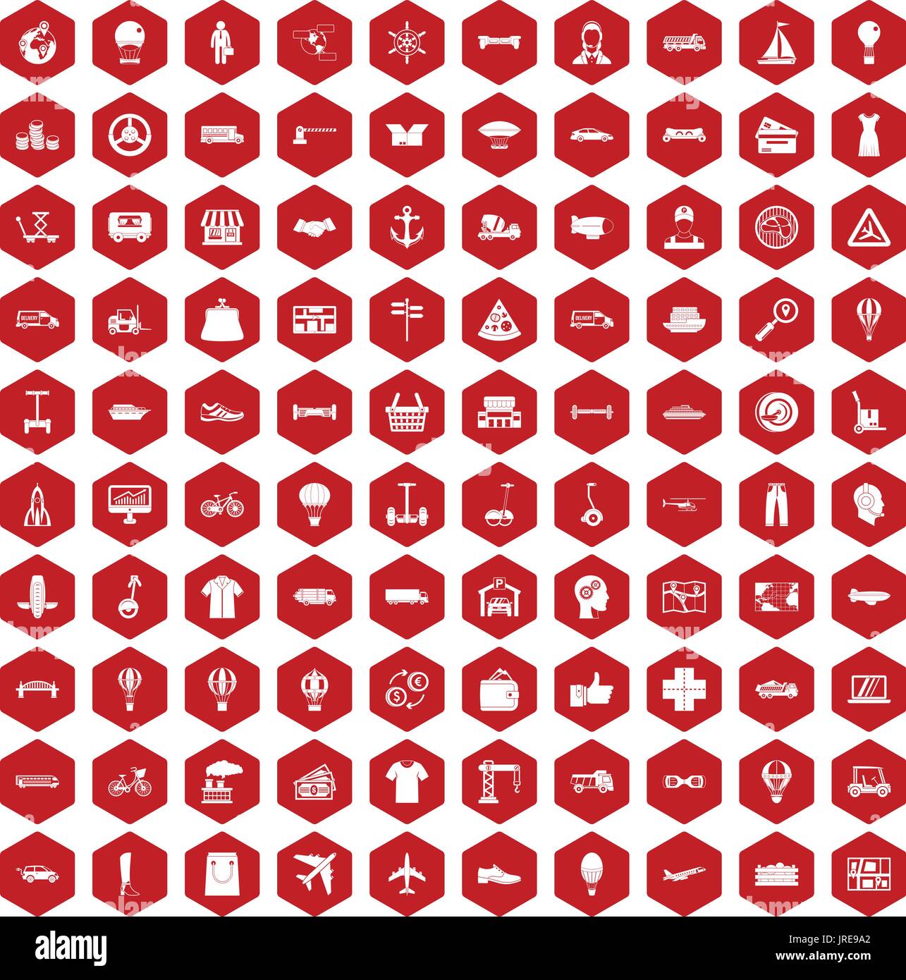 100 logistics icons hexagon red Stock Vector