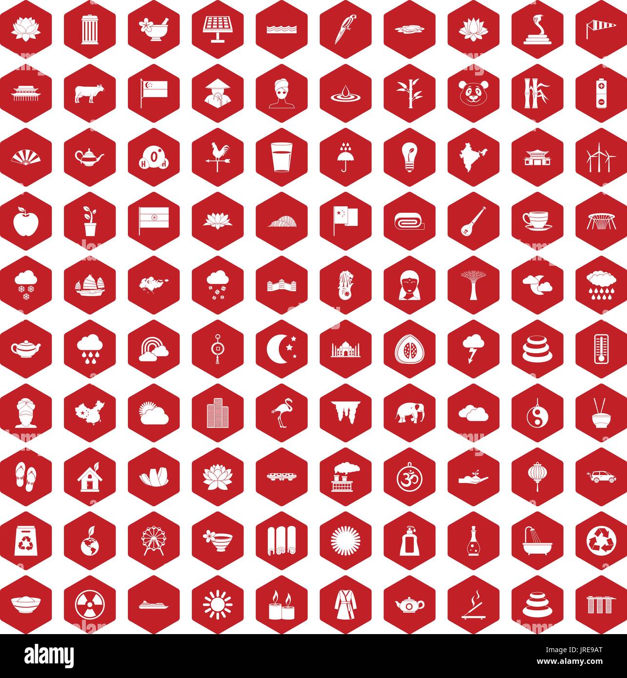 100 lotus icons hexagon red Stock Vector