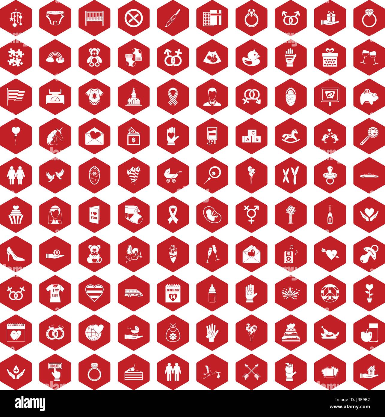 100 love icons hexagon red Stock Vector