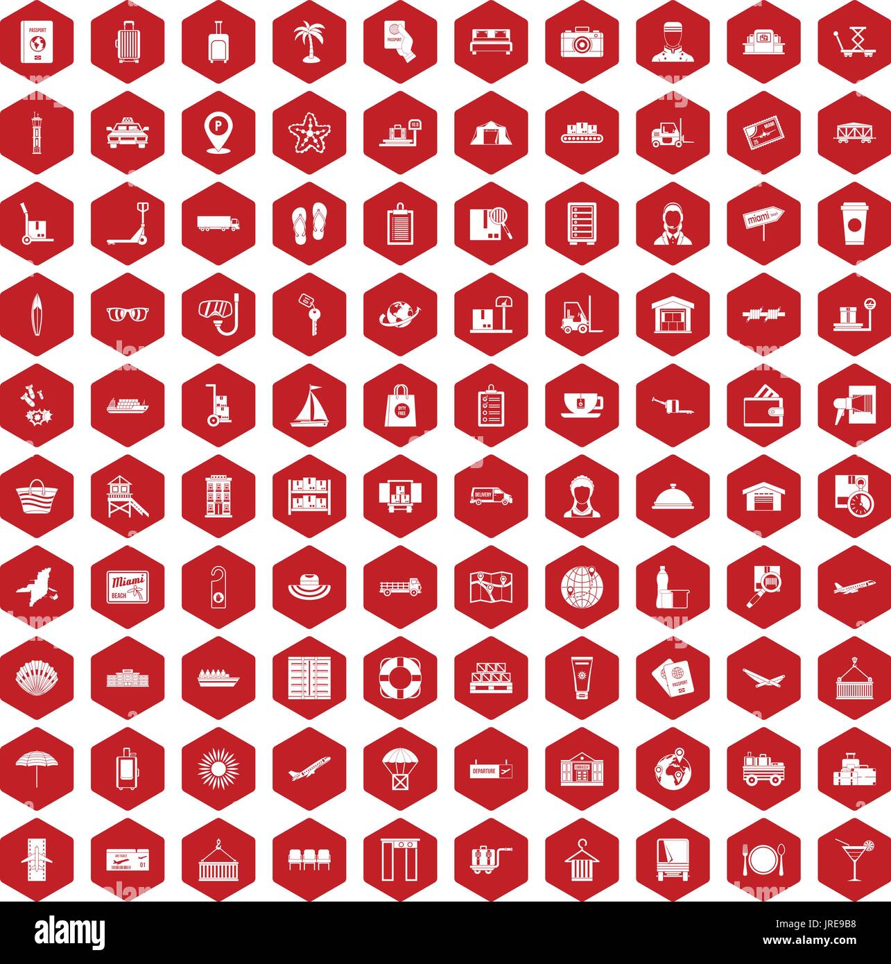 100 luggage icons hexagon red Stock Vector