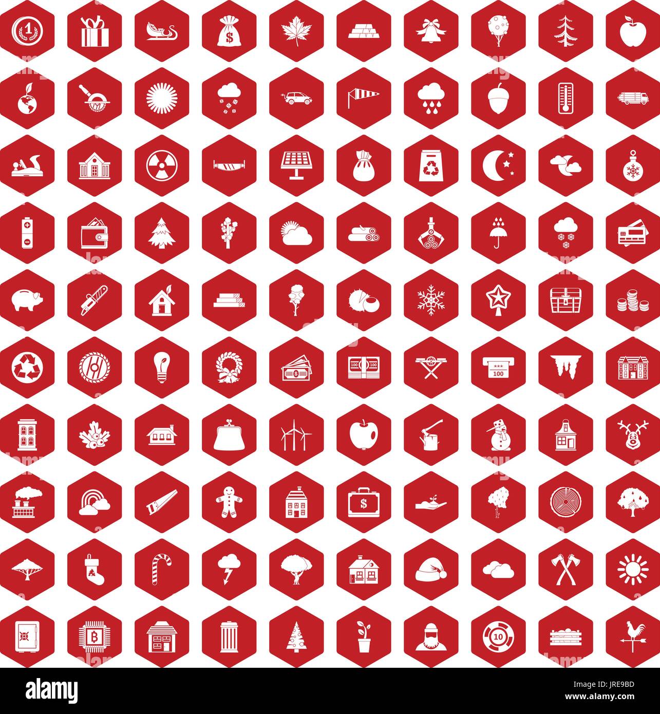 100 lumberjack icons hexagon red Stock Vector