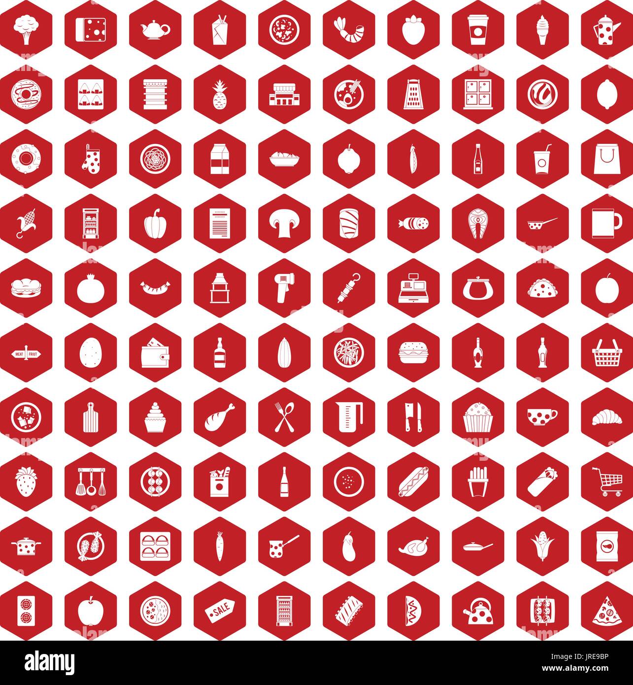 100 lunch icons hexagon red Stock Vector