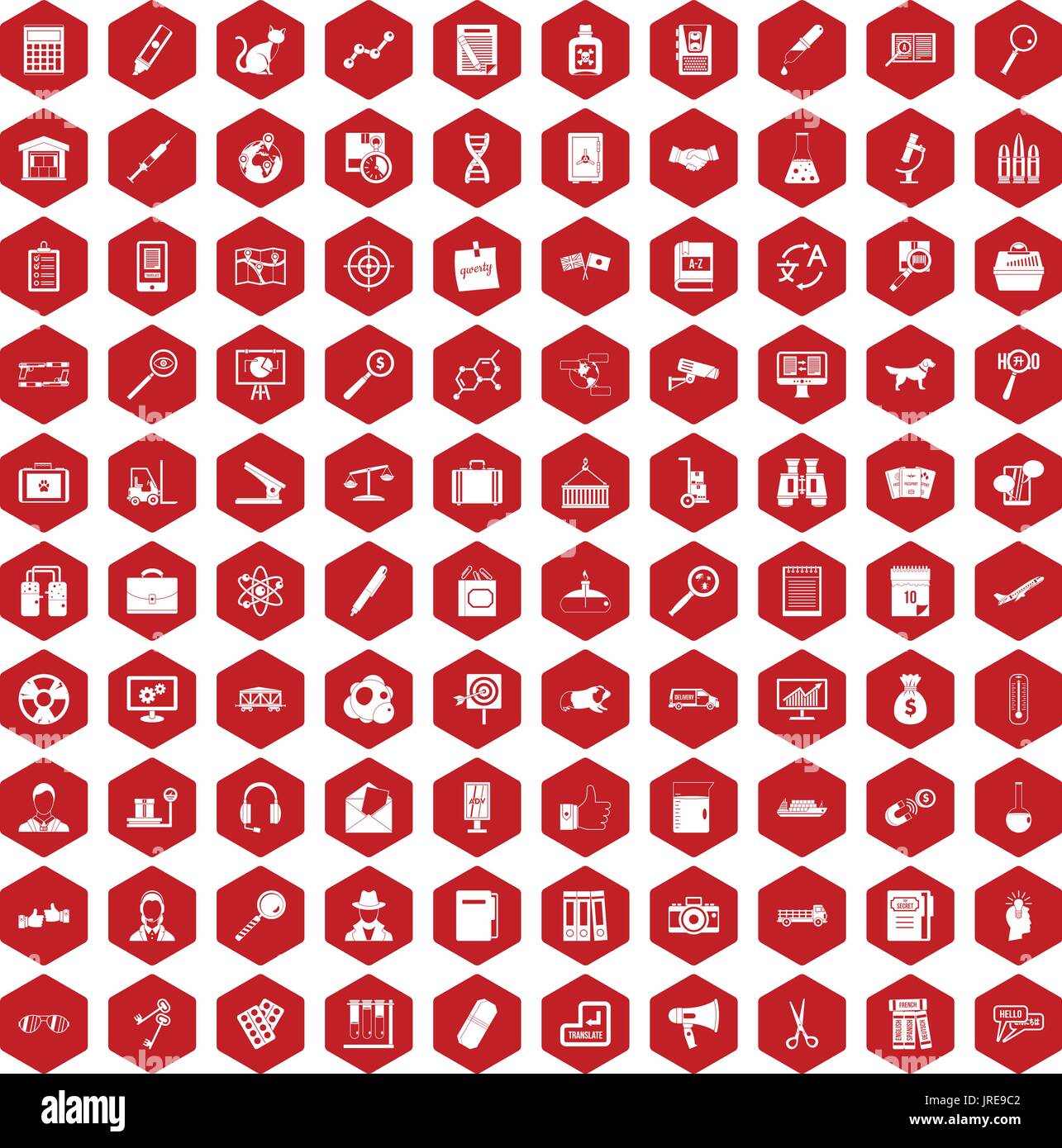 100 magnifier icons hexagon red Stock Vector