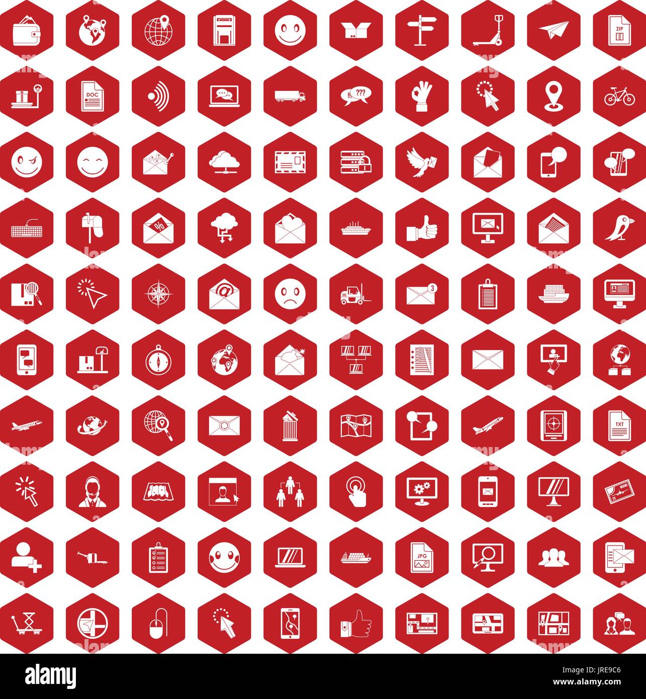 100 mail icons hexagon red Stock Vector