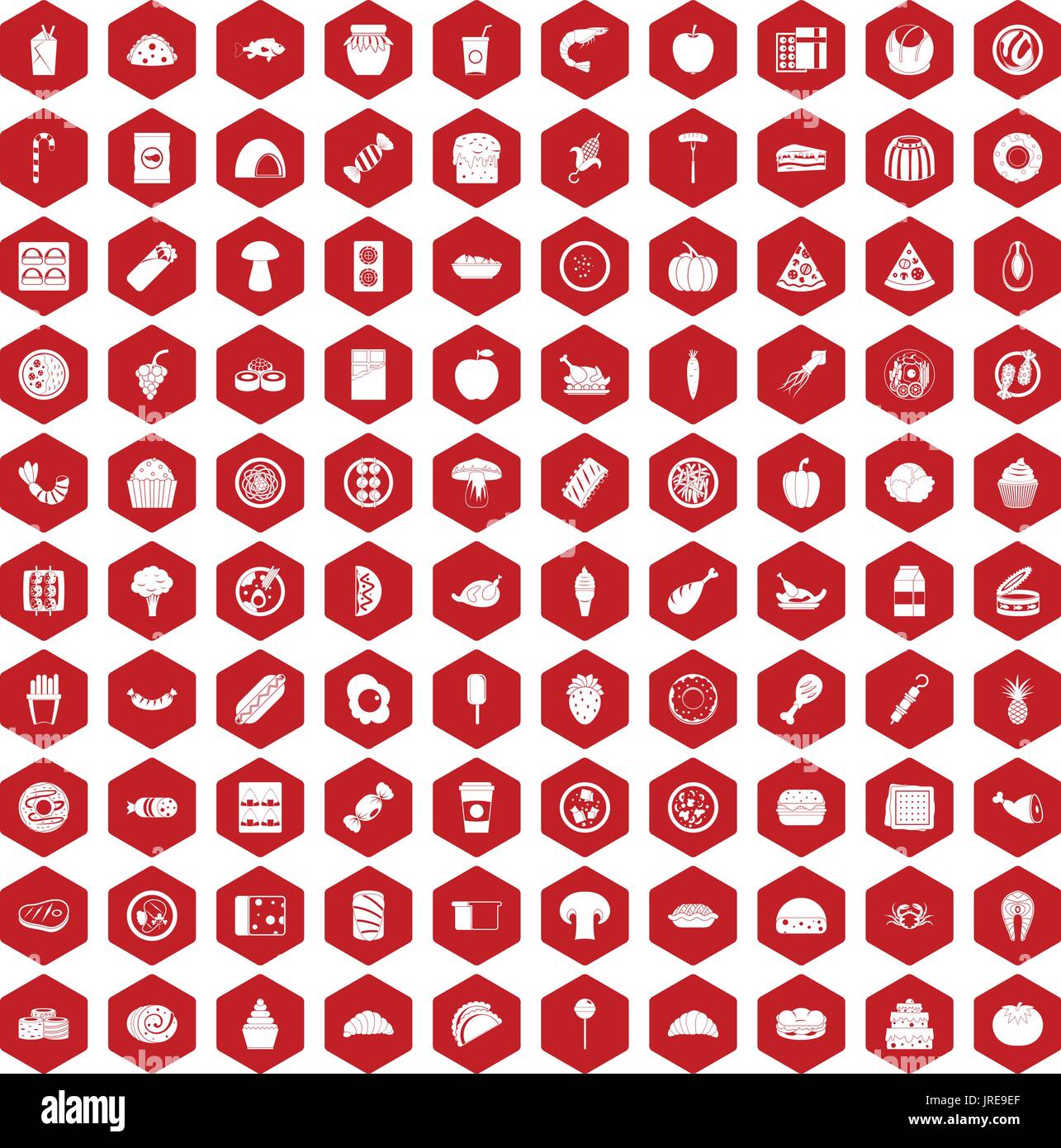 100 meal icons hexagon red Stock Vector