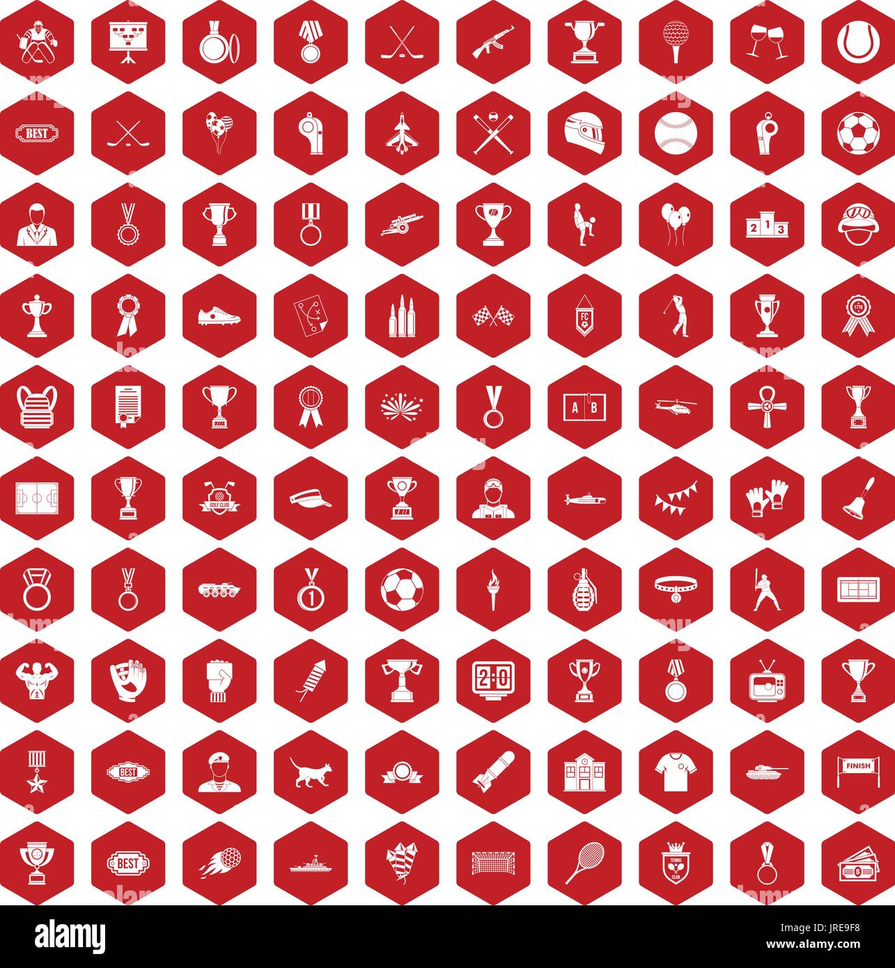 100 medal icons hexagon red Stock Vector