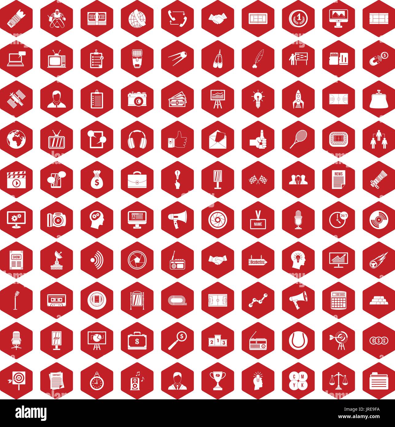 100 media icons hexagon red Stock Vector