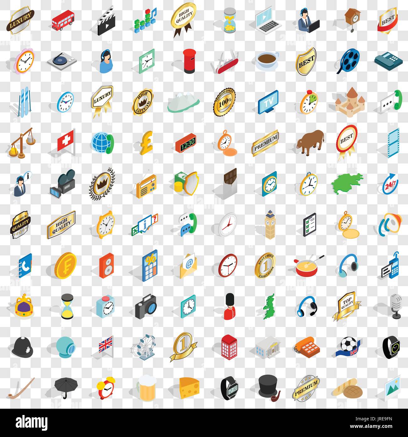 100 clock icons set, isometric 3d style Stock Vector
