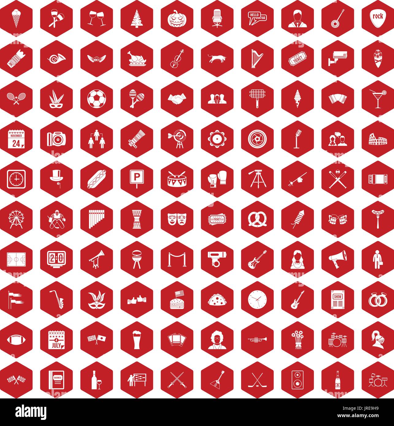 100 meeting icons hexagon red Stock Vector