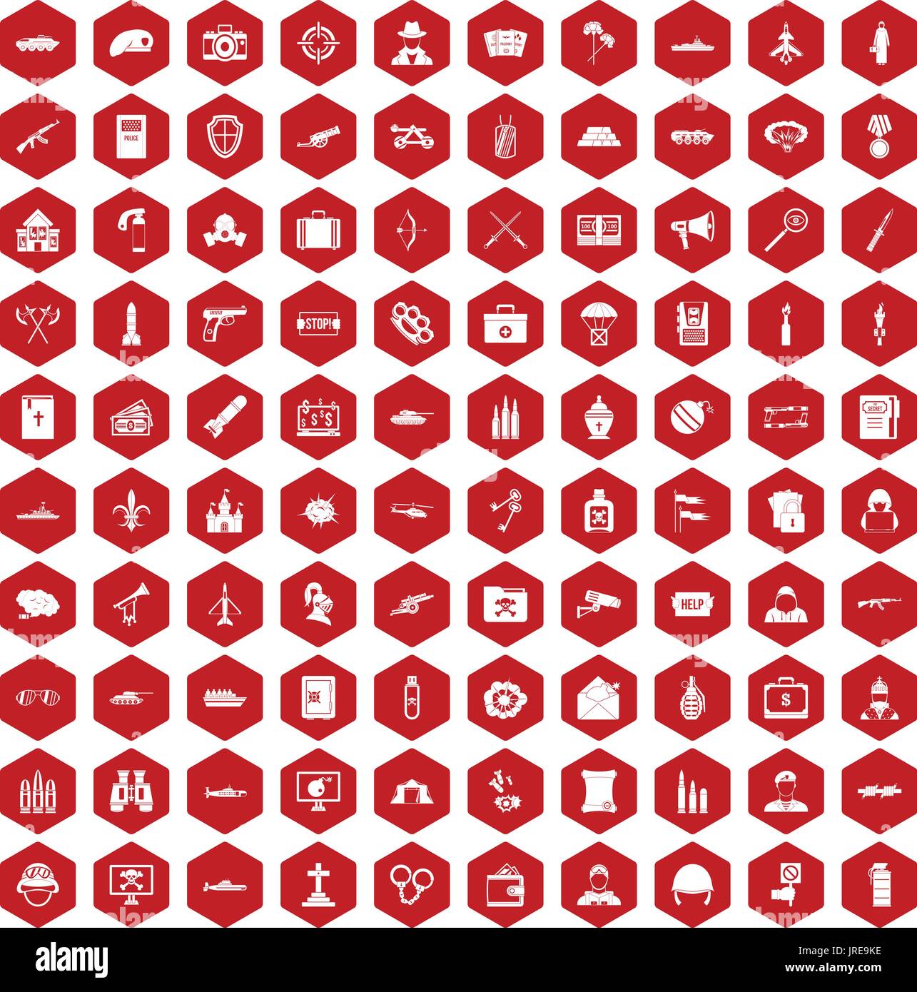 100 military icons hexagon red Stock Vector