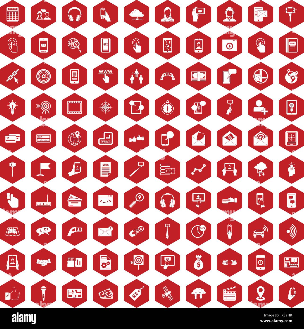 100 mobile icons hexagon red Stock Vector