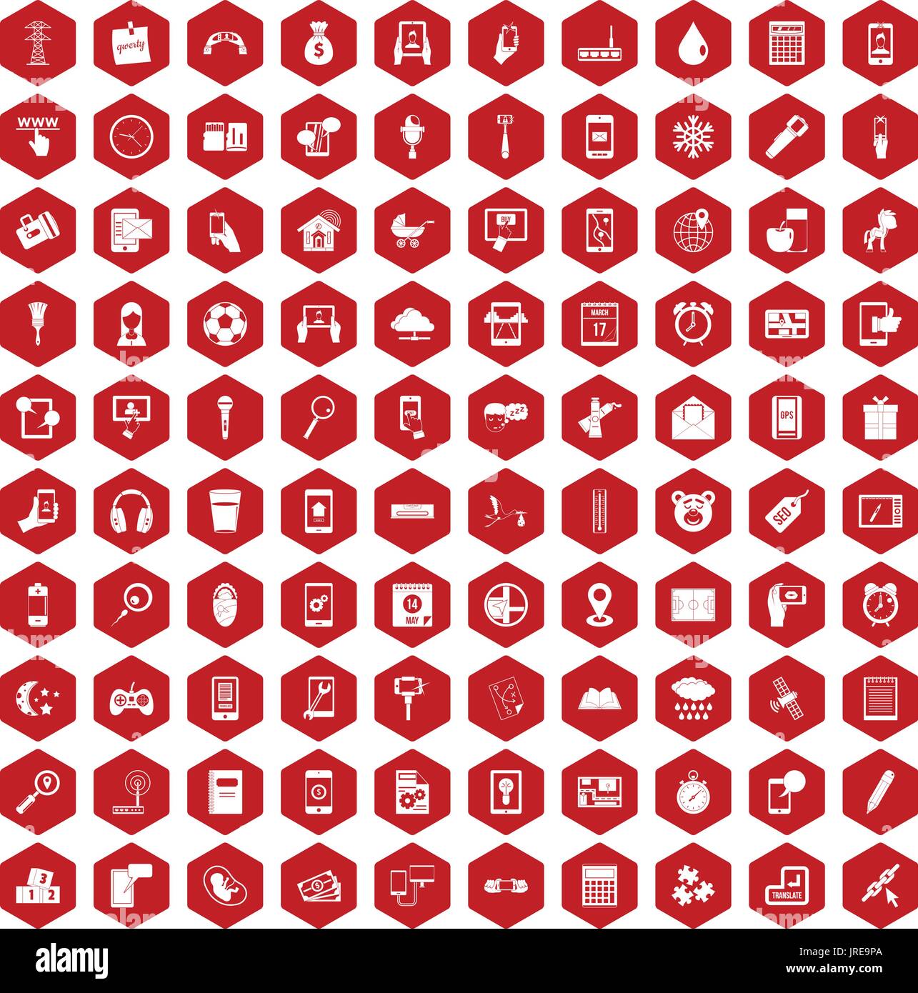 100 mobile app icons hexagon red Stock Vector