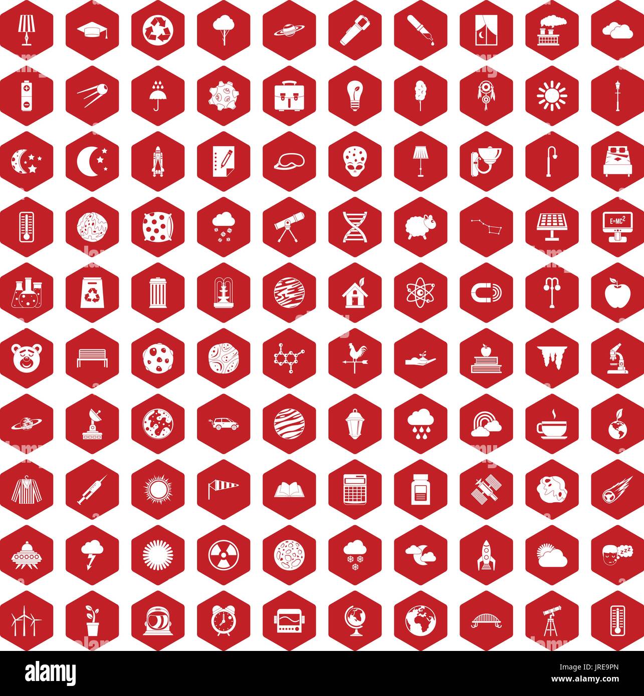 100 moon icons hexagon red Stock Vector