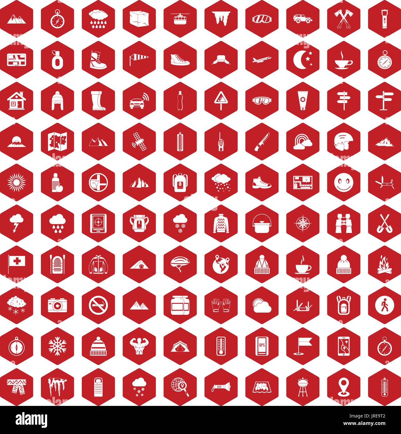 100 mountaineering icons hexagon red Stock Vector