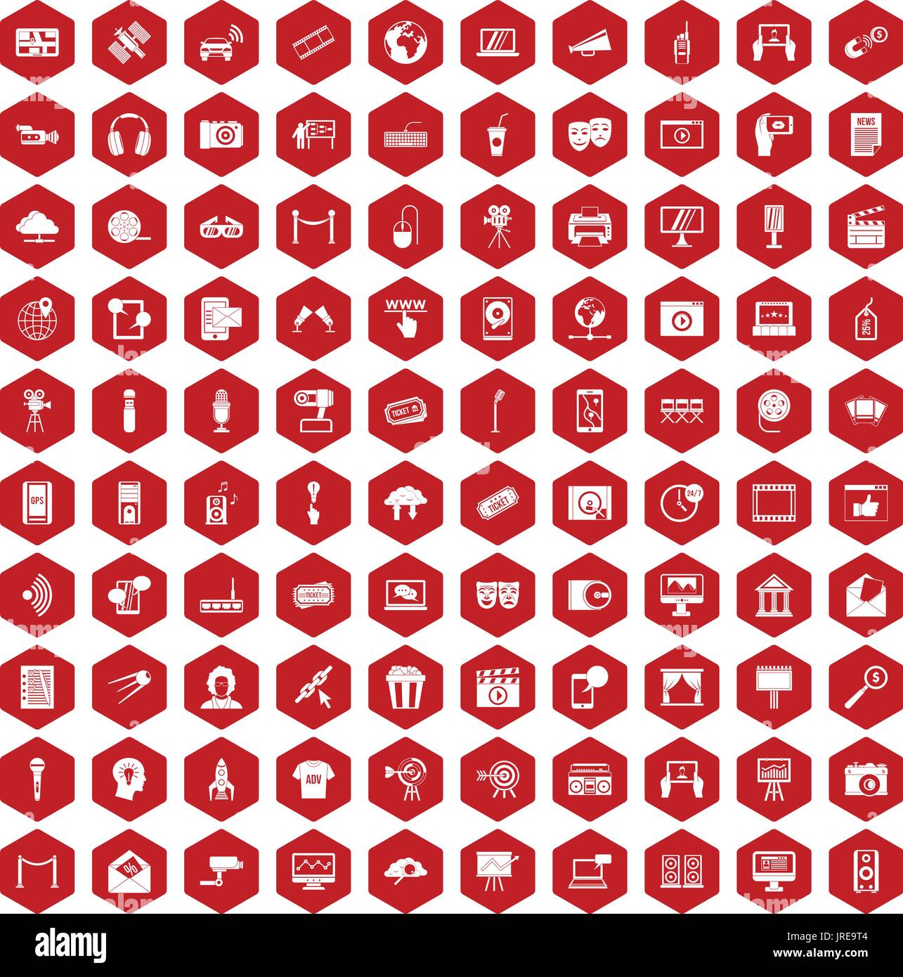 100 multimedia icons hexagon red Stock Vector