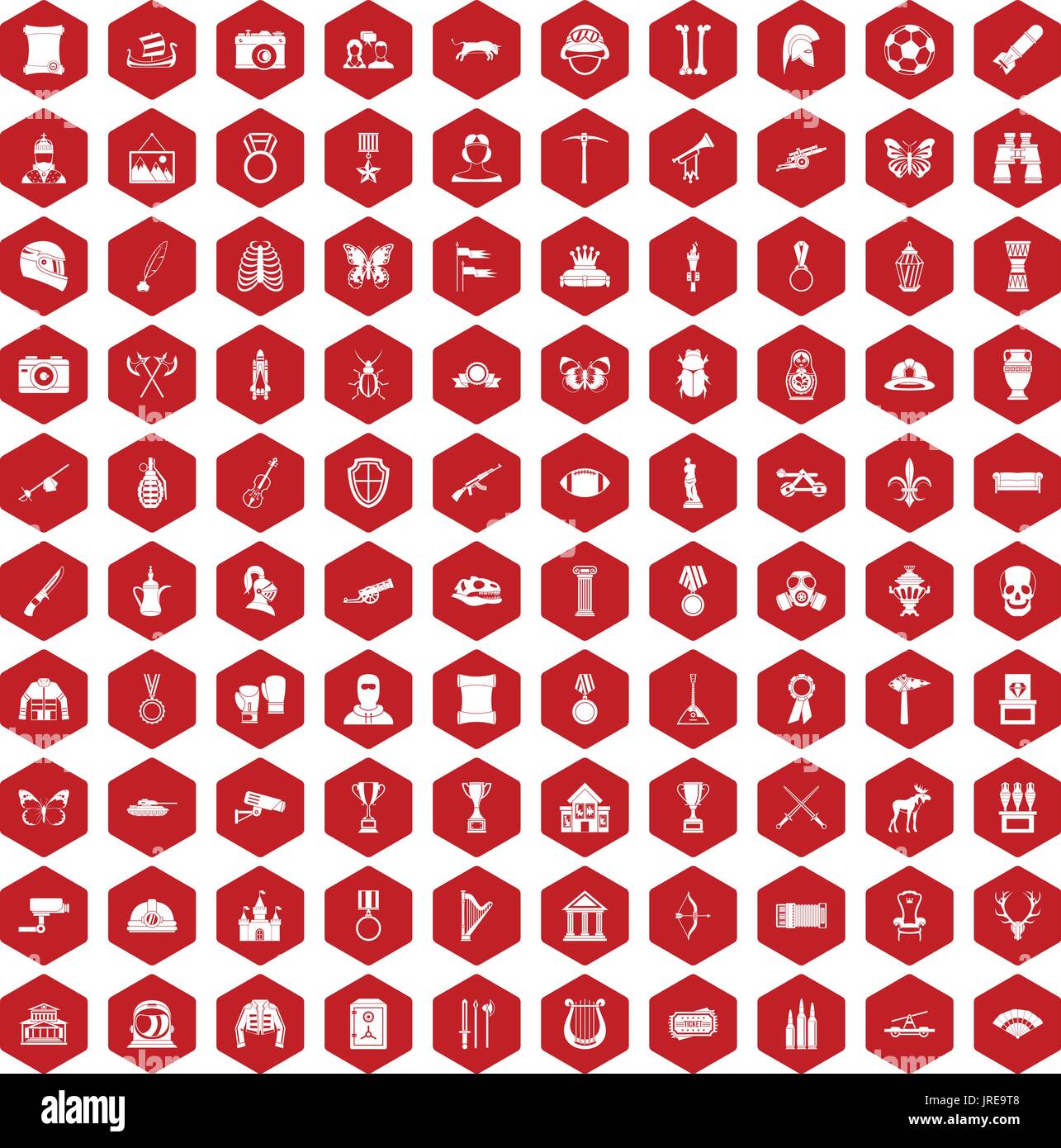 100 museum icons hexagon red Stock Vector