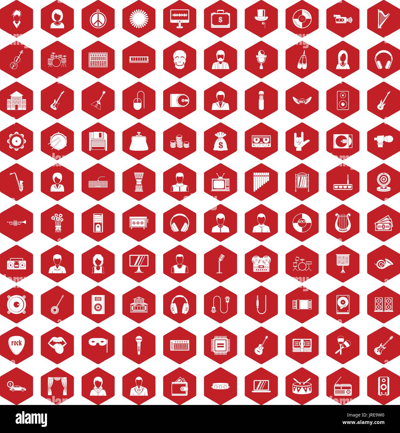 100 music icons hexagon red Stock Vector