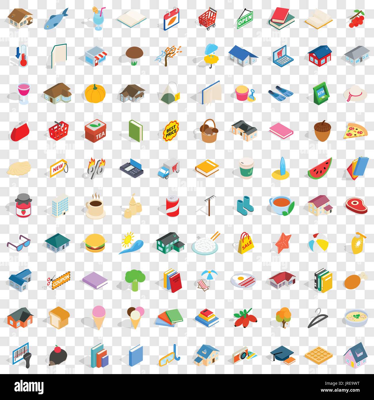 100 cute icons set, isometric 3d style Stock Vector