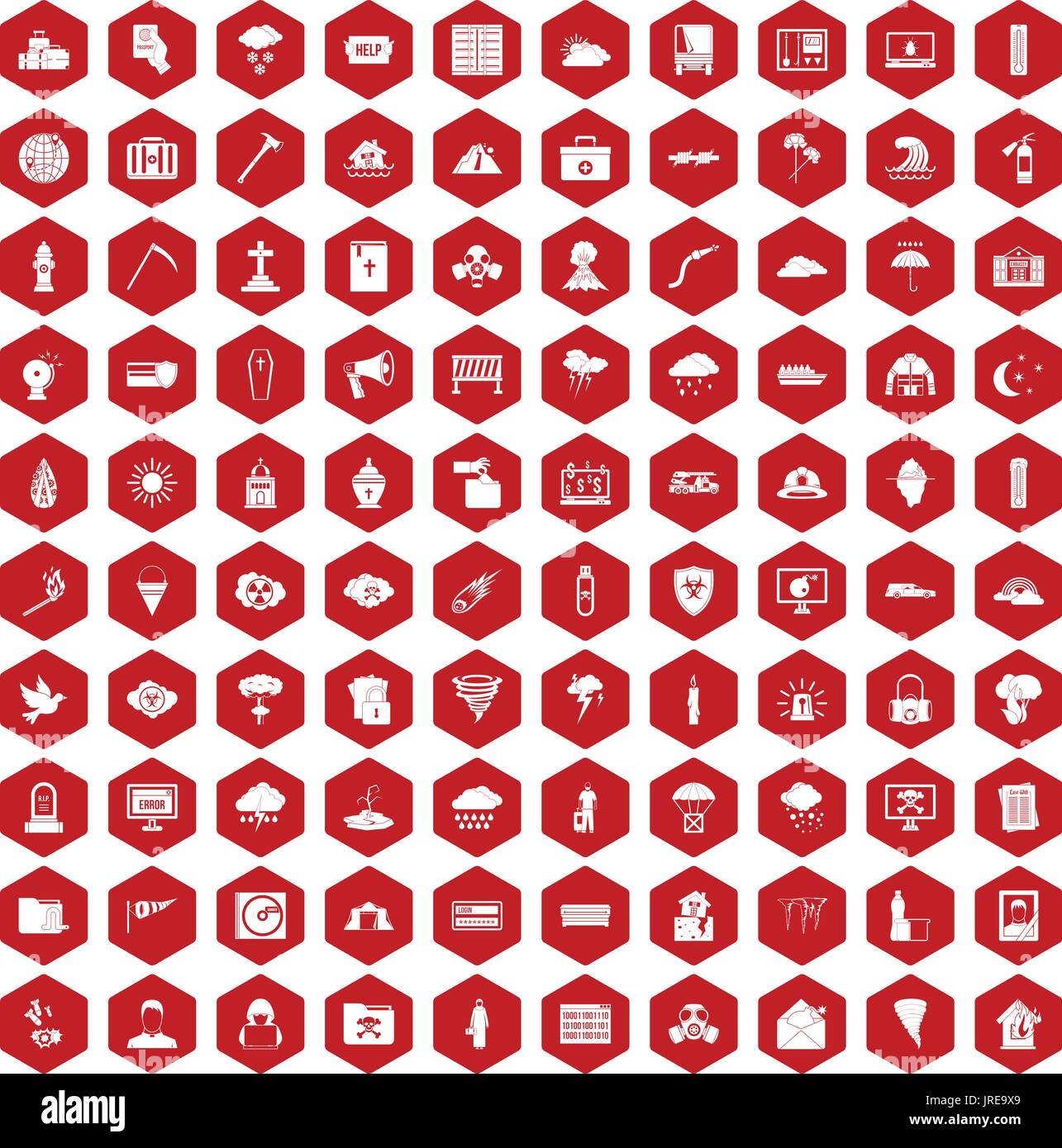 100 natural disasters icons hexagon red Stock Vector