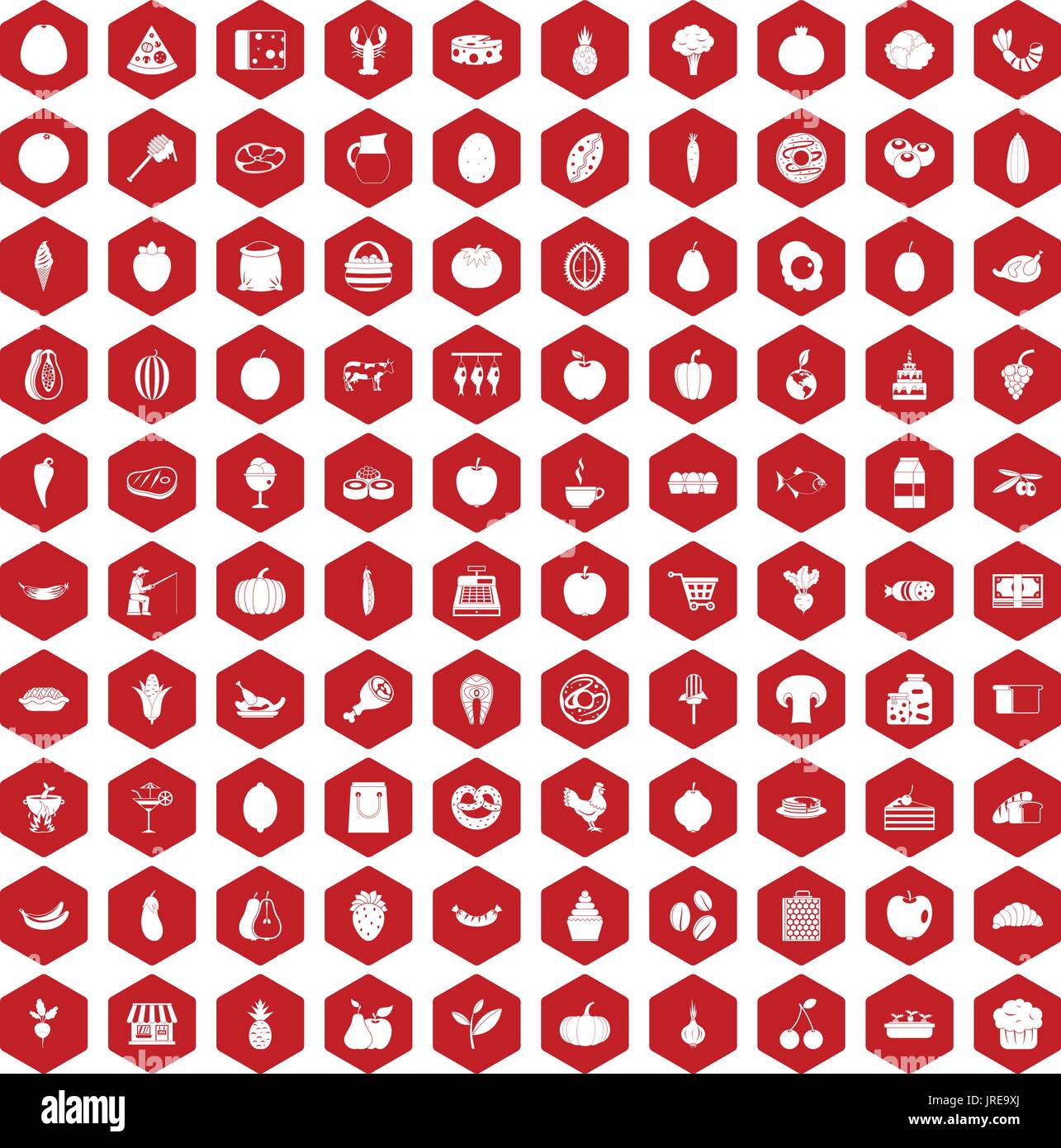 100 natural products icons hexagon red Stock Vector