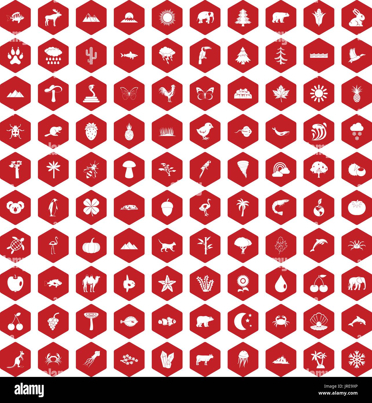 100 nature icons hexagon red Stock Vector