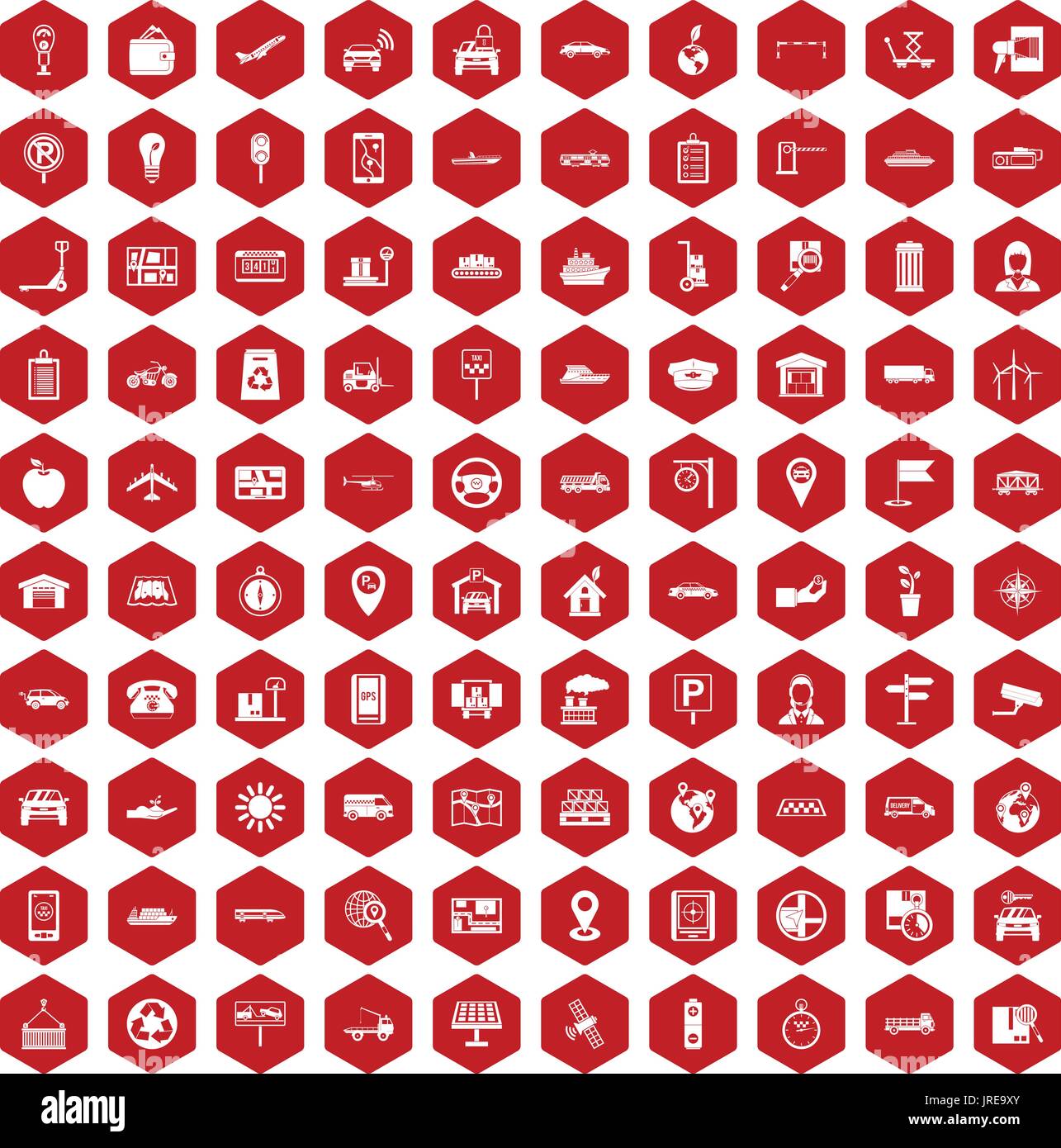 100 navigation icons hexagon red Stock Vector