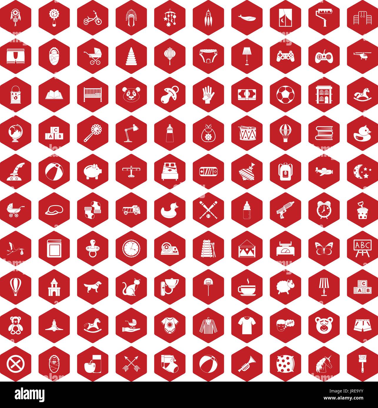 100 nursery icons hexagon red Stock Vector