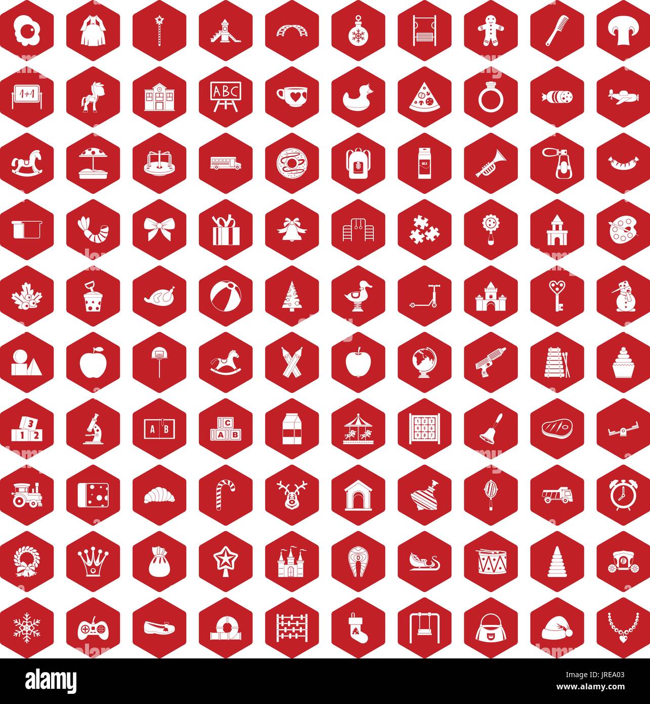 100 nursery school icons hexagon red Stock Vector