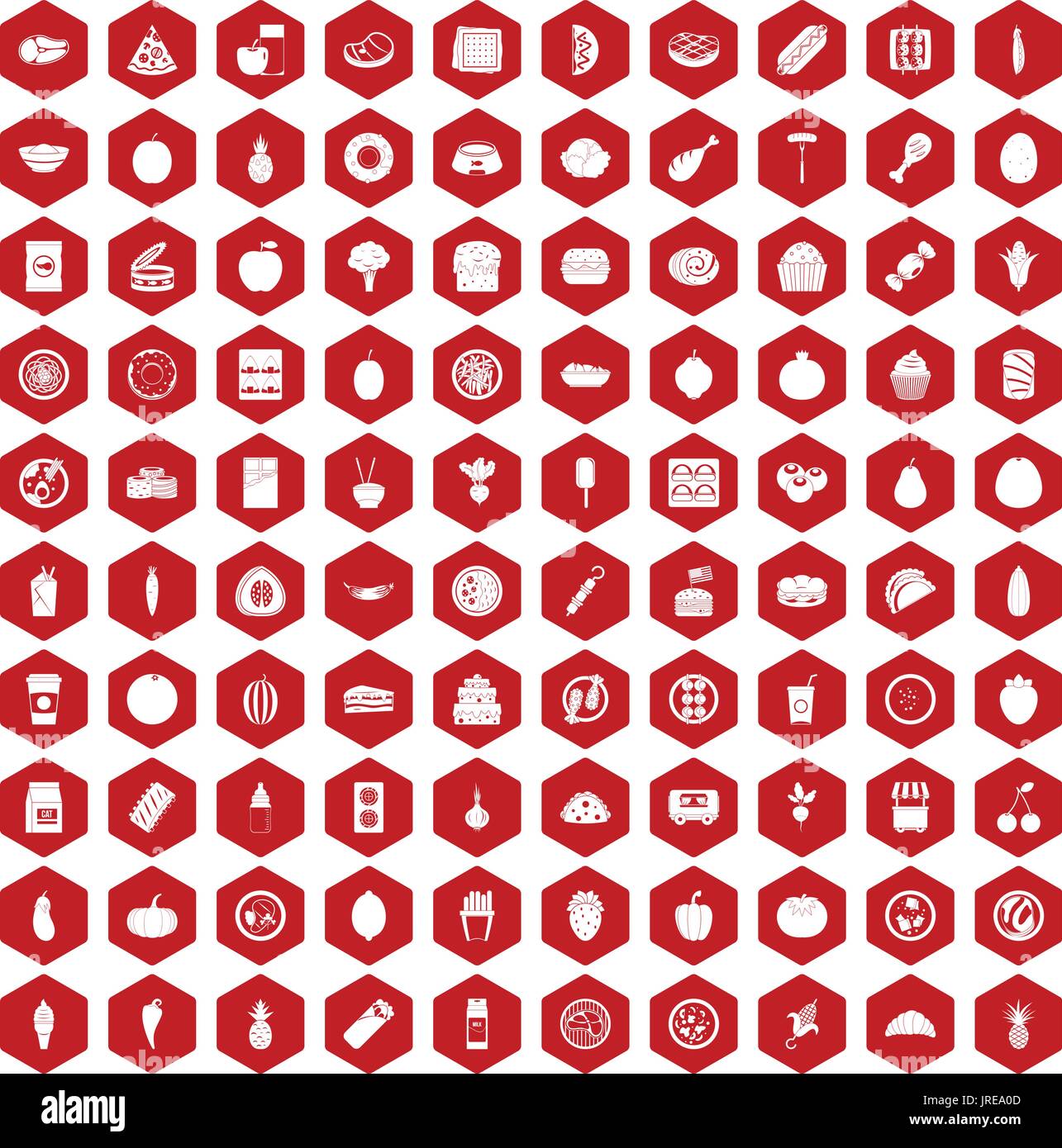 100 nutrition icons hexagon red Stock Vector