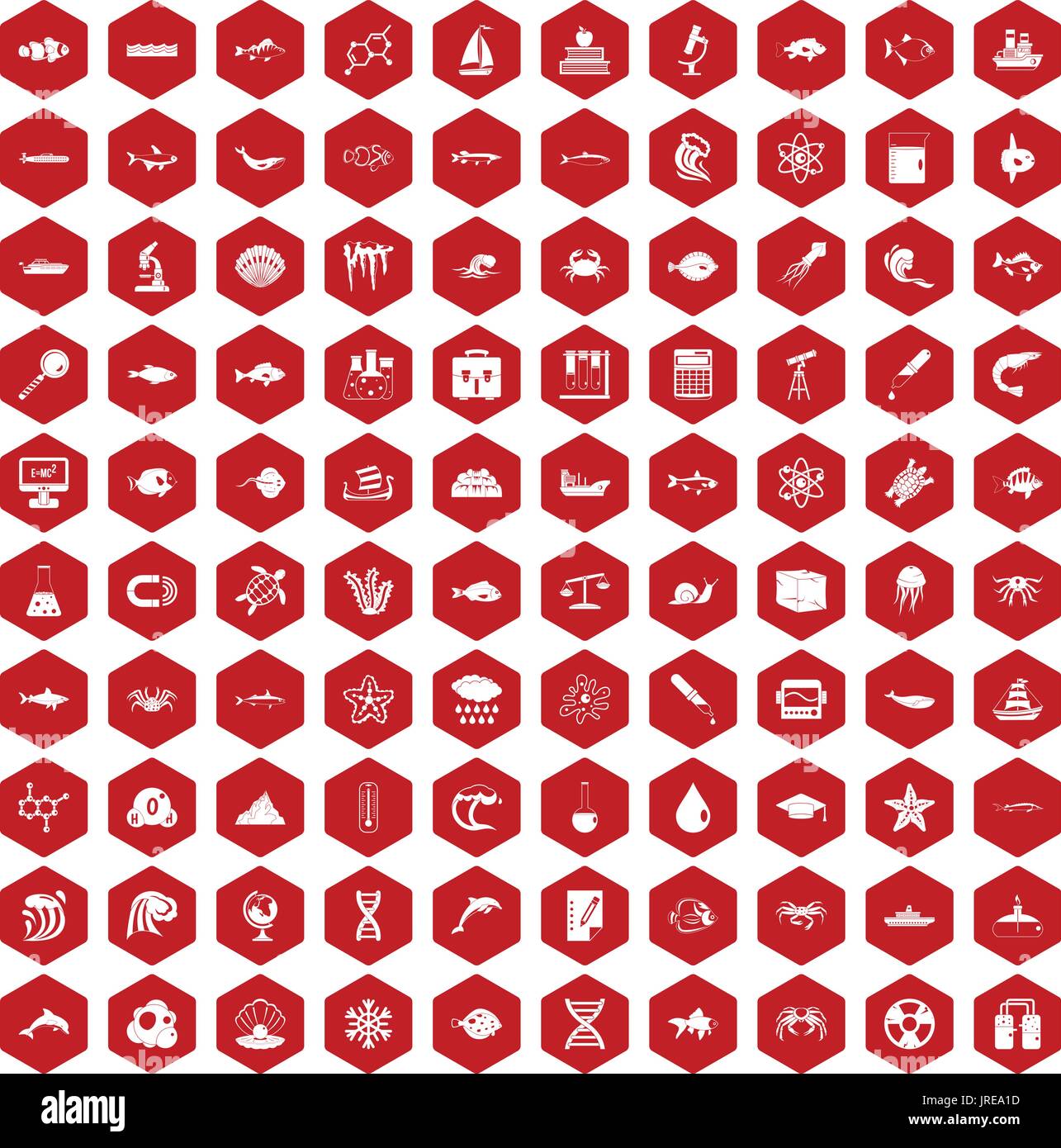 100 oceanology icons hexagon red Stock Vector