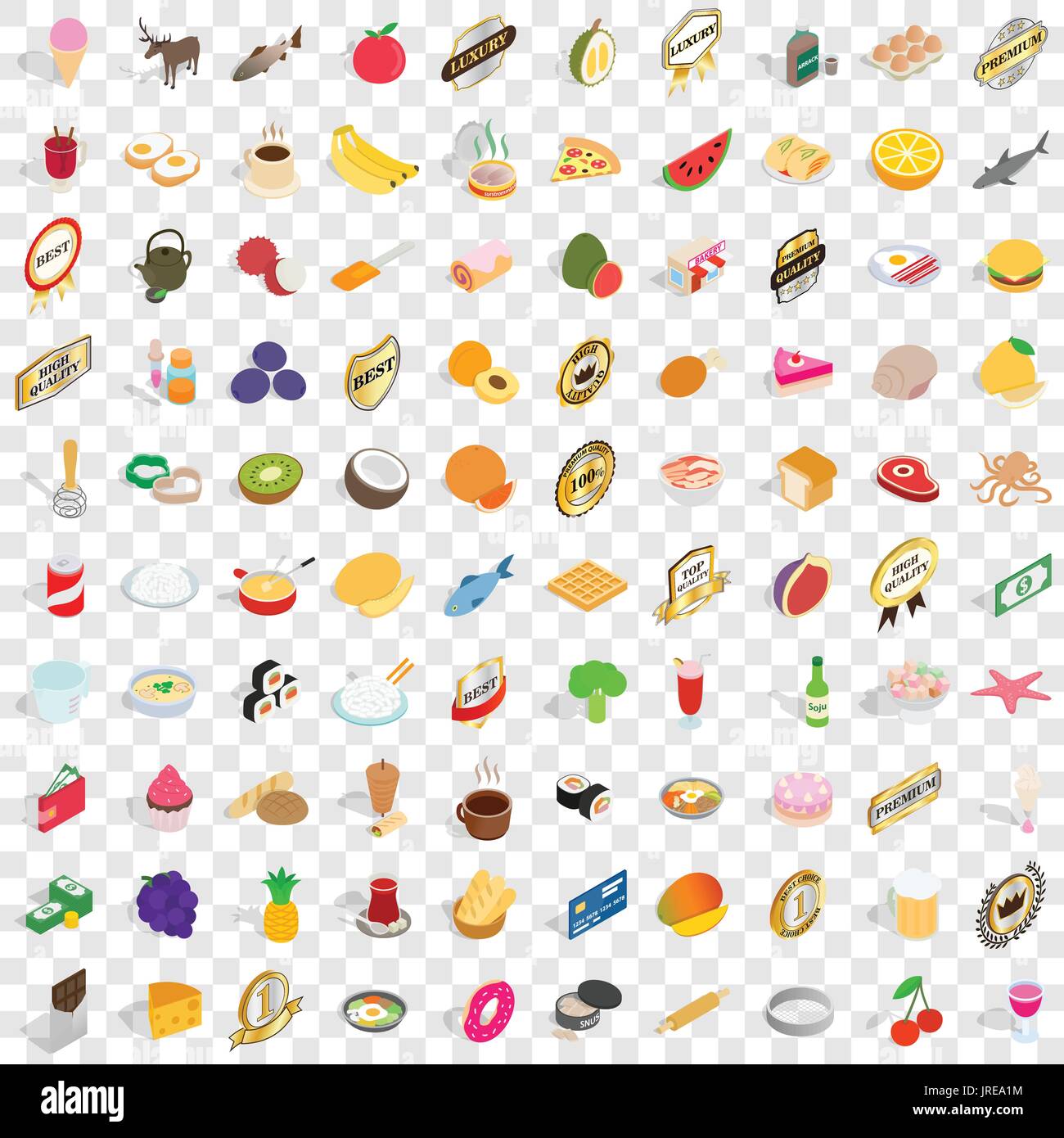 100 dishes icons set, isometric 3d style Stock Vector