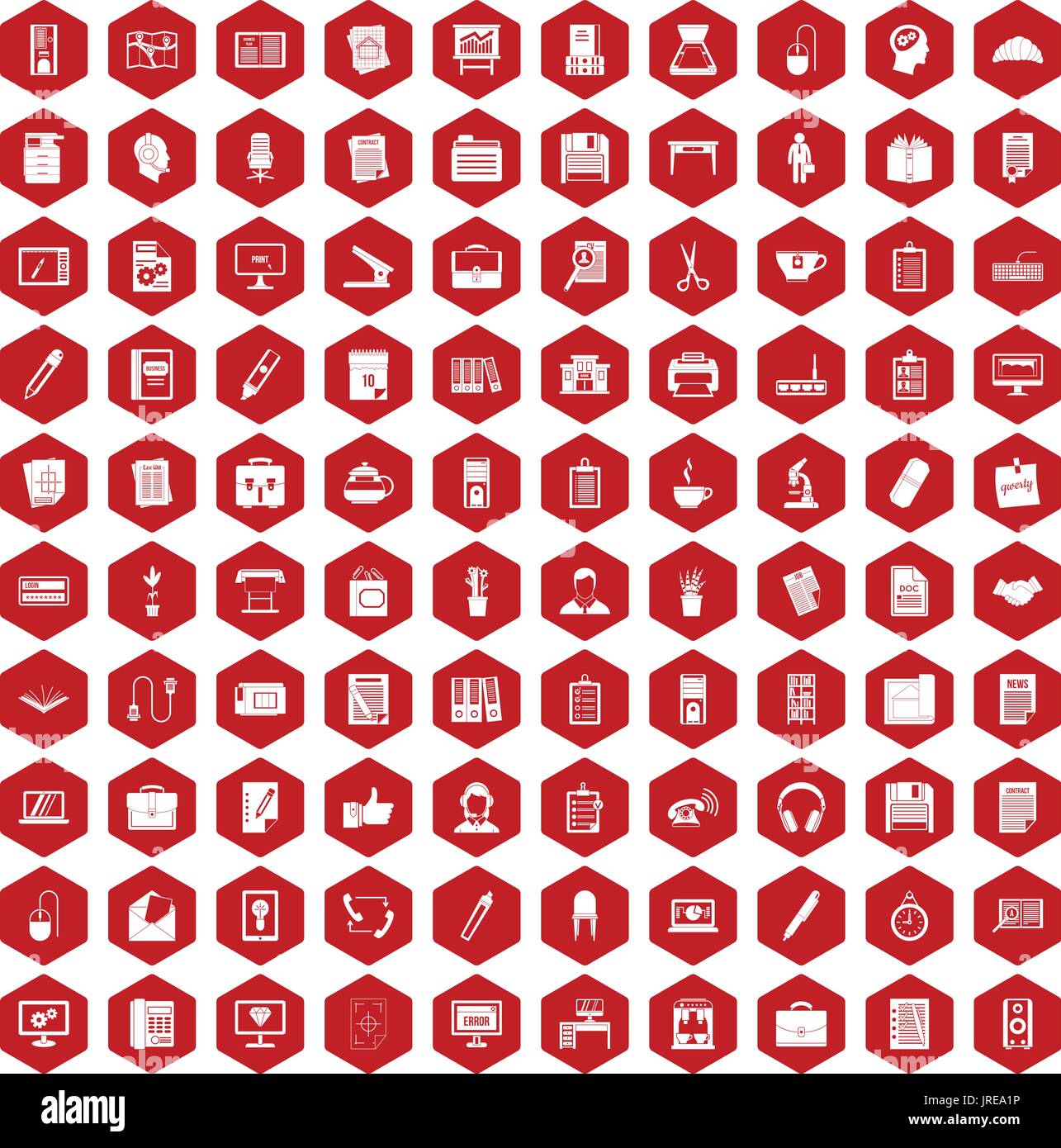 100 office icons hexagon red Stock Vector