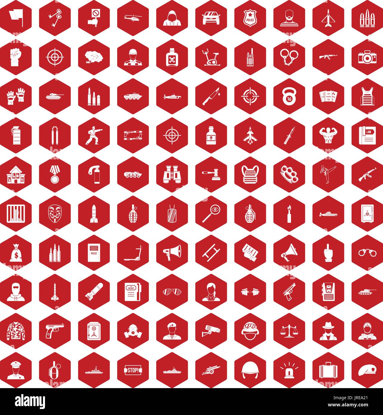 100 officer icons hexagon red Stock Vector